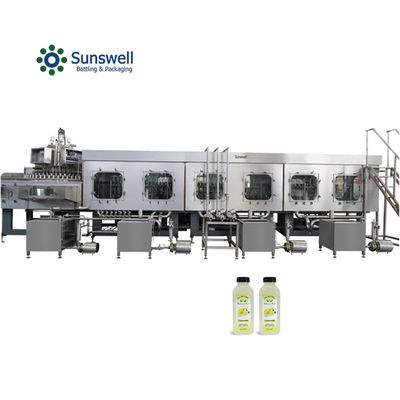 Máquina de llenado de jugo de frutas de alta velocidad Desinfectante Enjuague de trozos de frutas Pesado peristáltico Embotellado Sellado Monobloque
